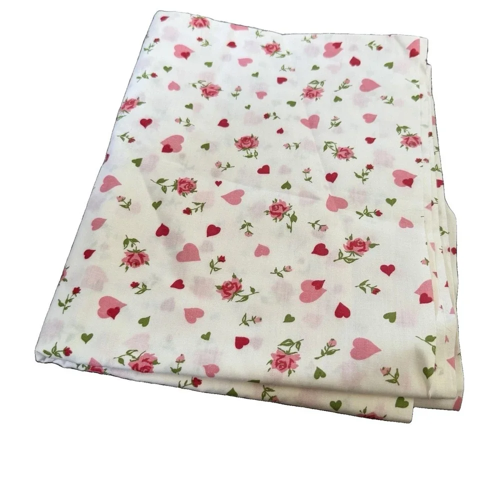 Vintage Fabric 2 + yards white pink hearts red roses Cottage Core Coquette Girly
